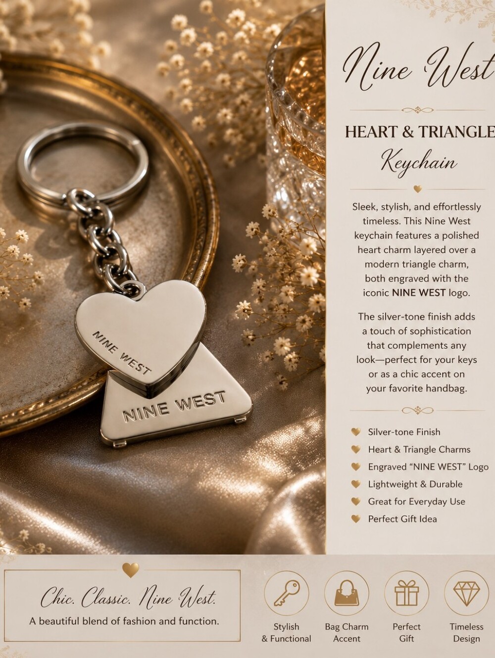 Nine West Polished Silver Heart & Triangle Keychain
